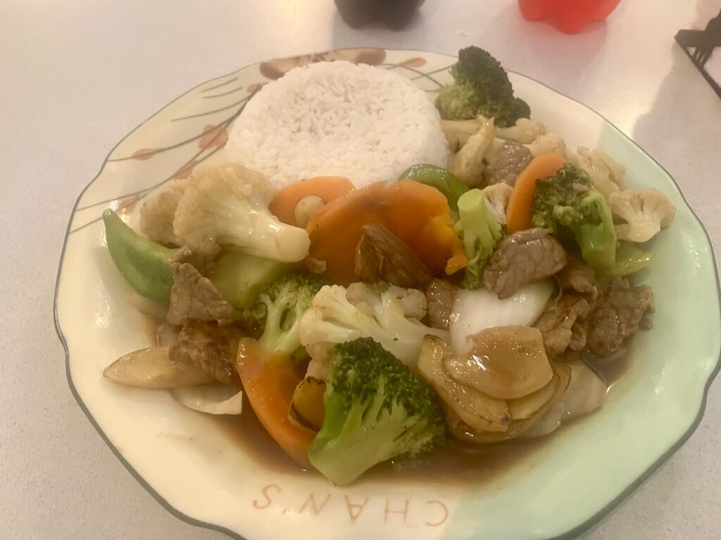 Ginger Beef with Rice - Amigos Kitchen - Caye Caulker