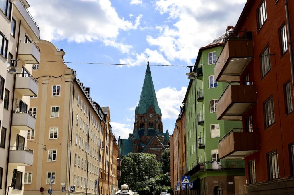 Sofia Church Rising Above a Södermalm Street