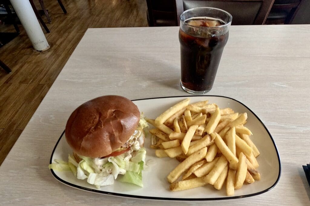 Burger and Fries from the "Stop In To Eat" Cafe