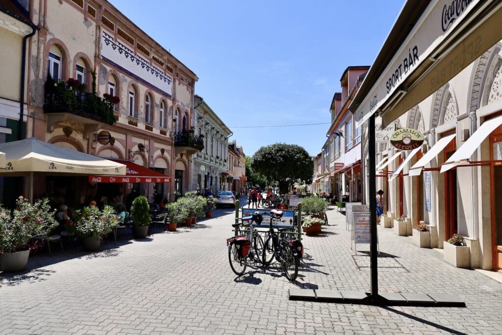 Shops and Cafés Along Szabadság Street in Mohács